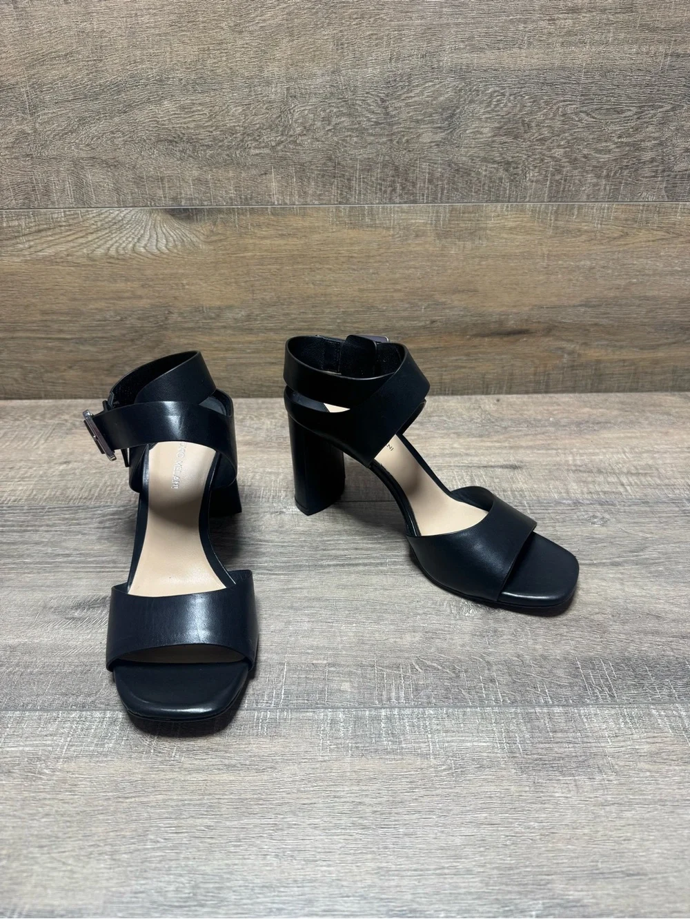 ANTONIO MELANI Black Leather Ankle-Strap Block Heel Sandals